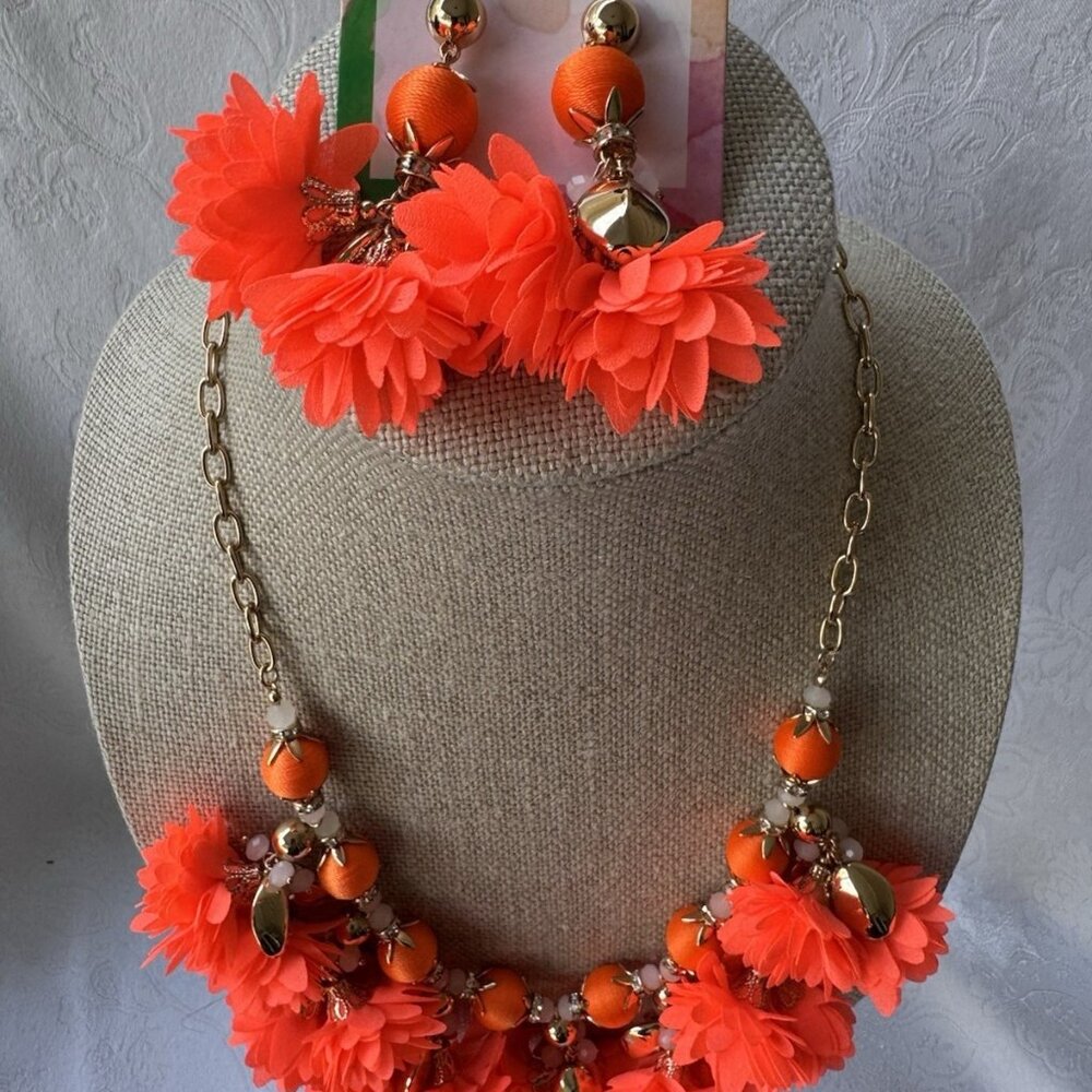 2 PC Lilly Pulitzer Orange Floral Statement Necklace Earring SET NEW